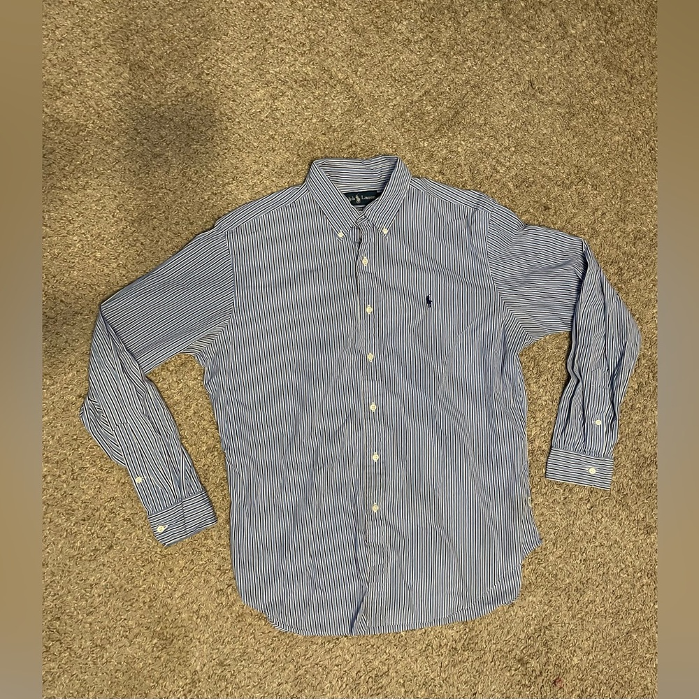 Blue Striped Ralph Lauren Button Down shirt. Size: L style: classic fit